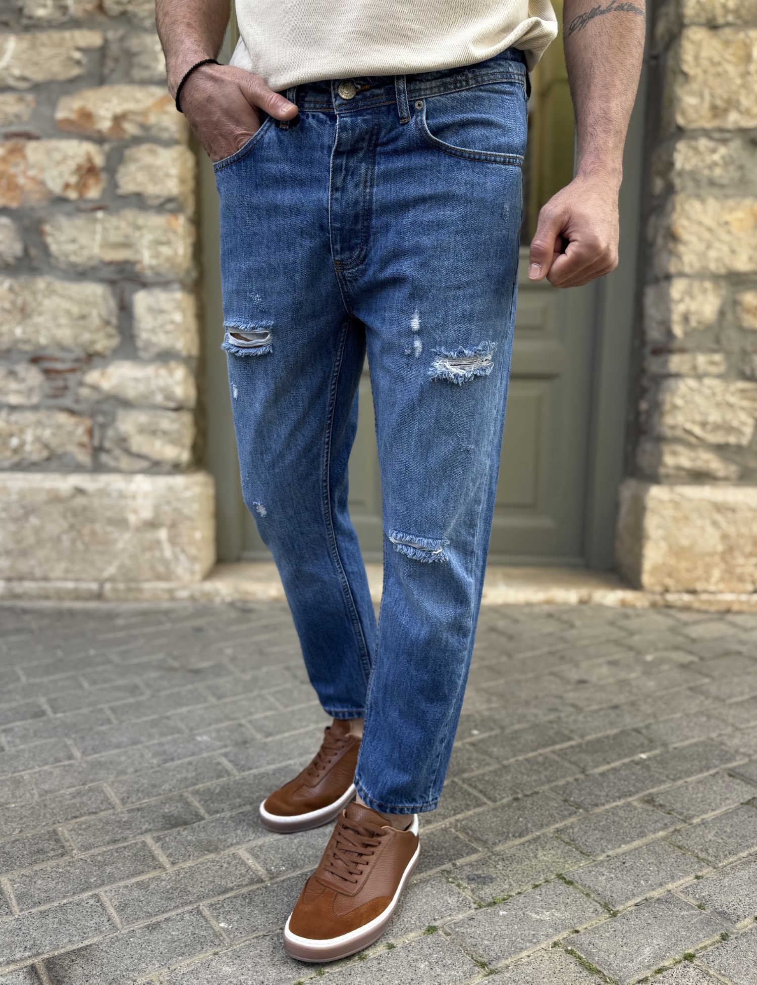 Ανδρικό μπλε με σκισίματα σταθερό Loose Jean πεντάτσεπο με κουμπιά BF3026 φωτογραφία
